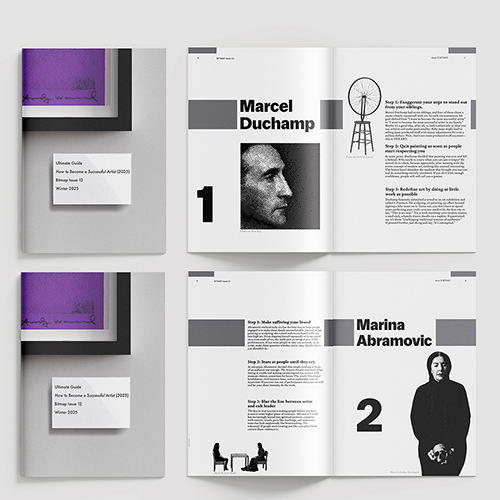4 magazines showing the cover and the inside spreads